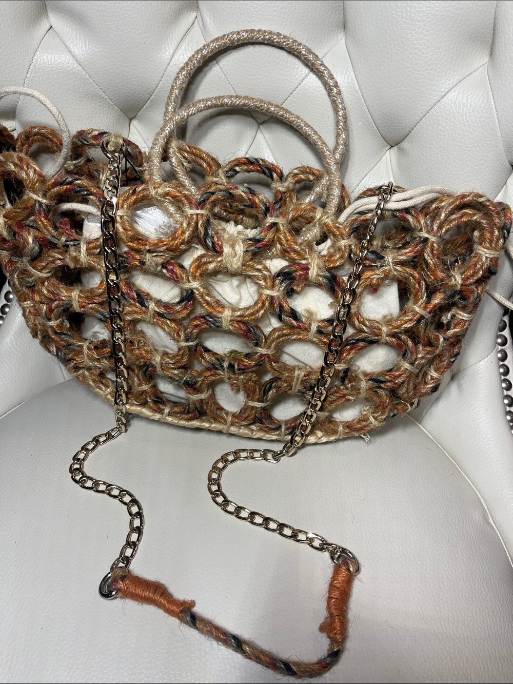 Zara Multicolor Woven Straw Tote bag Boho w Gold Chain Beautiful Rare Find